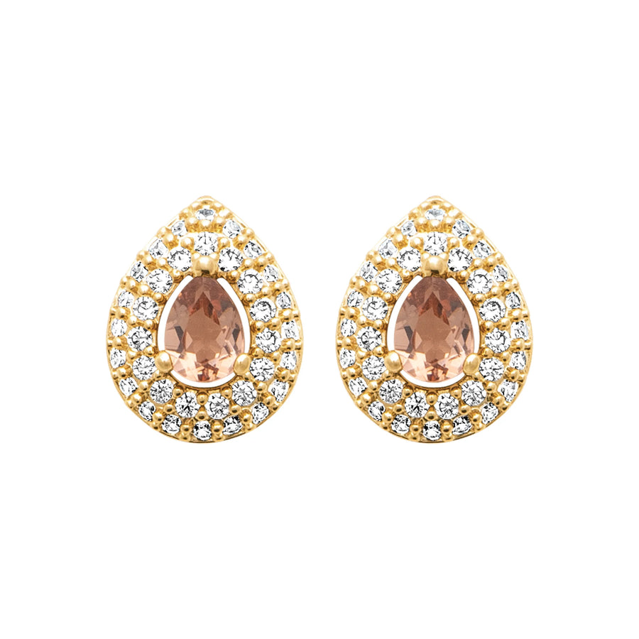 Boucles d’oreilles puces goutte double halo et pierre rose en plaqué or, vue de face