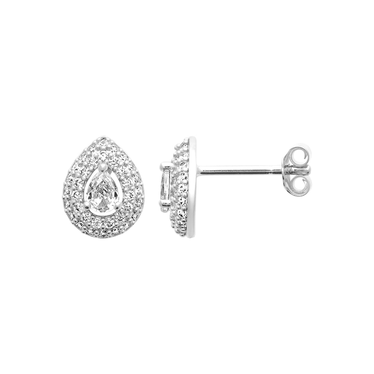 Boucles d’oreilles puces goutte double halo de zircons en argent 925 rhodié