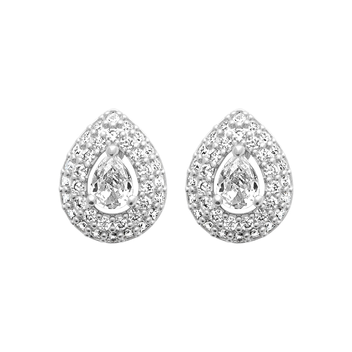 Boucles d’oreilles puces goutte double halo de zircons en argent 925 rhodié