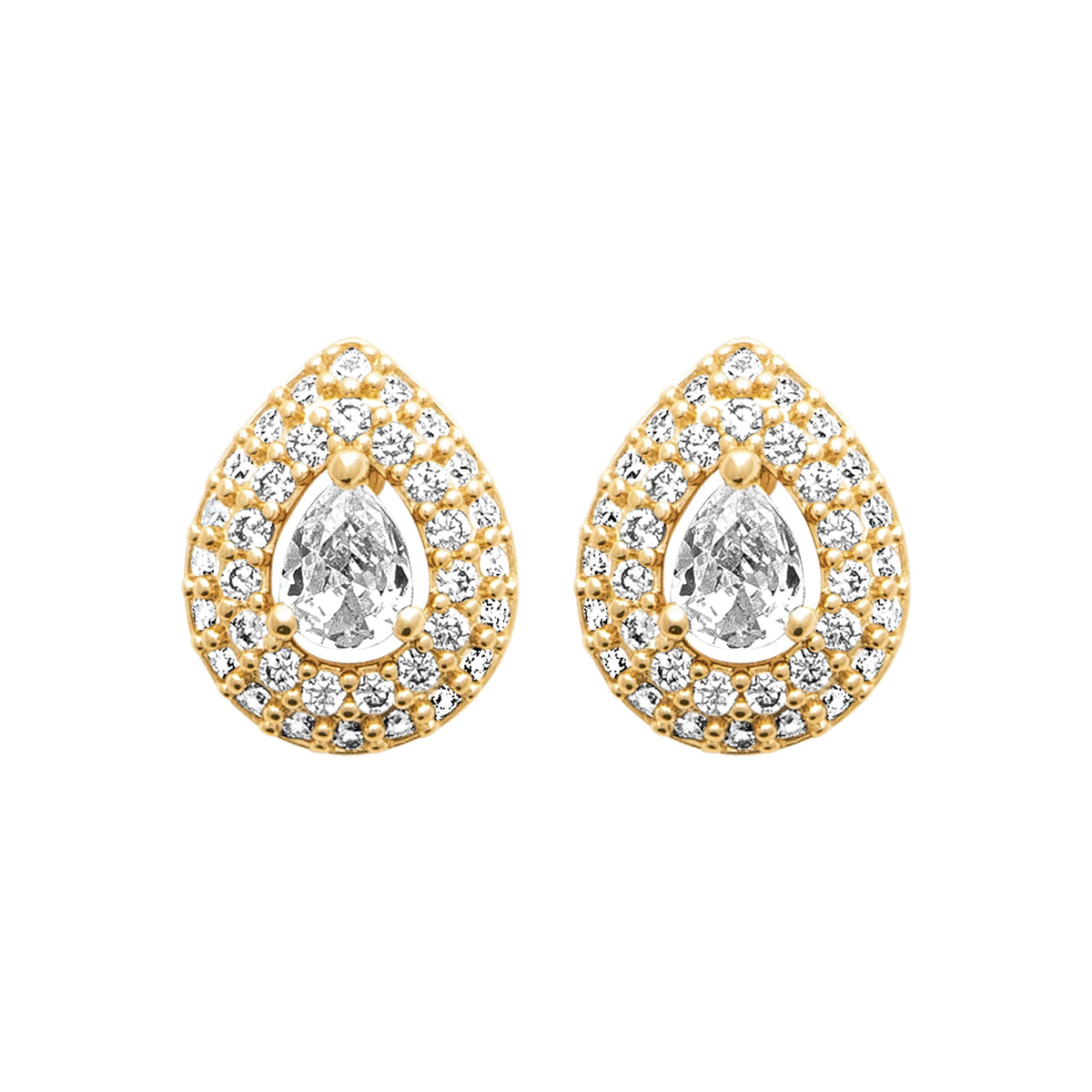 Boucles d’oreilles puces goutte double halo de zircons en plaqué or