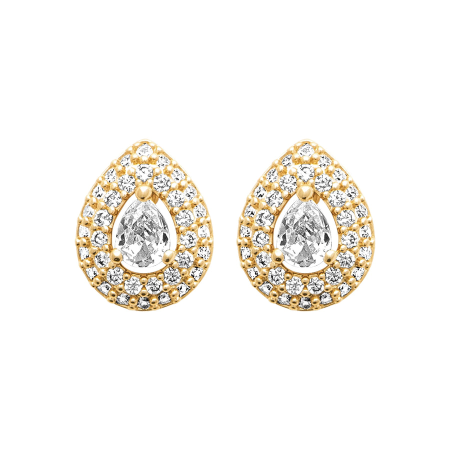Boucles d’oreilles puces goutte double halo de zircons en plaqué or, vue de face