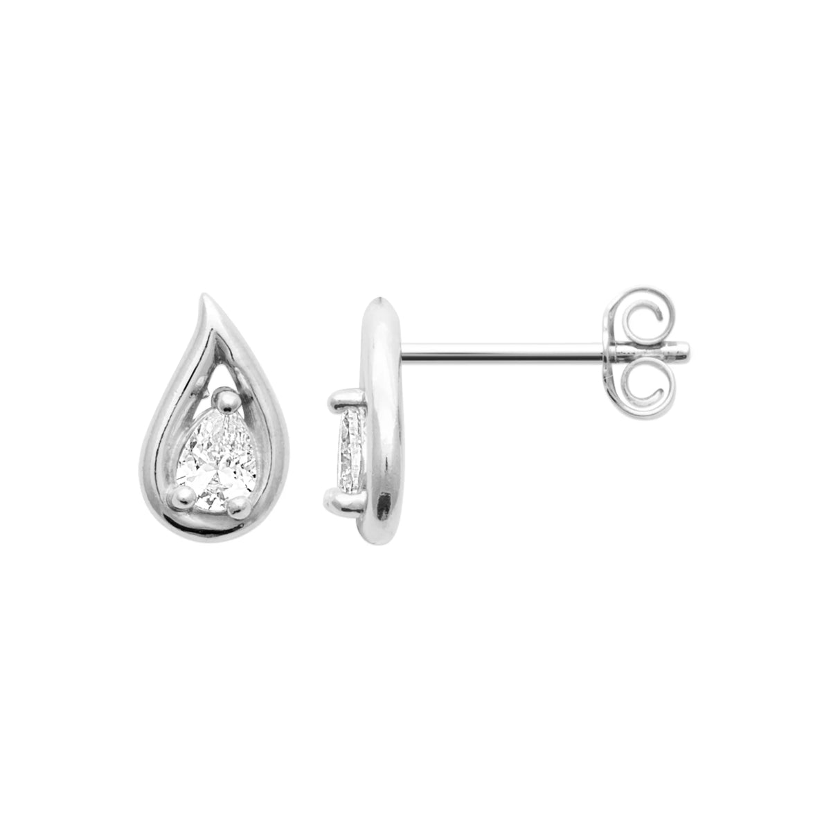 Boucles d’oreilles puces goutte flamme et zircon poire en argent 925 rhodié