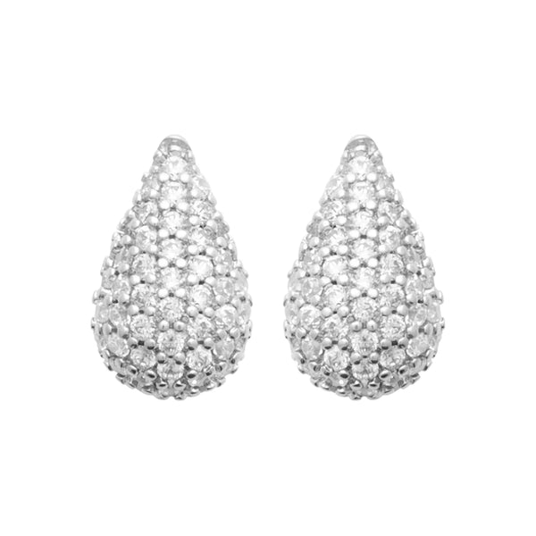 Boucles d’oreilles puces gouttes bombées pavées de zircons en argent 925, vue de face