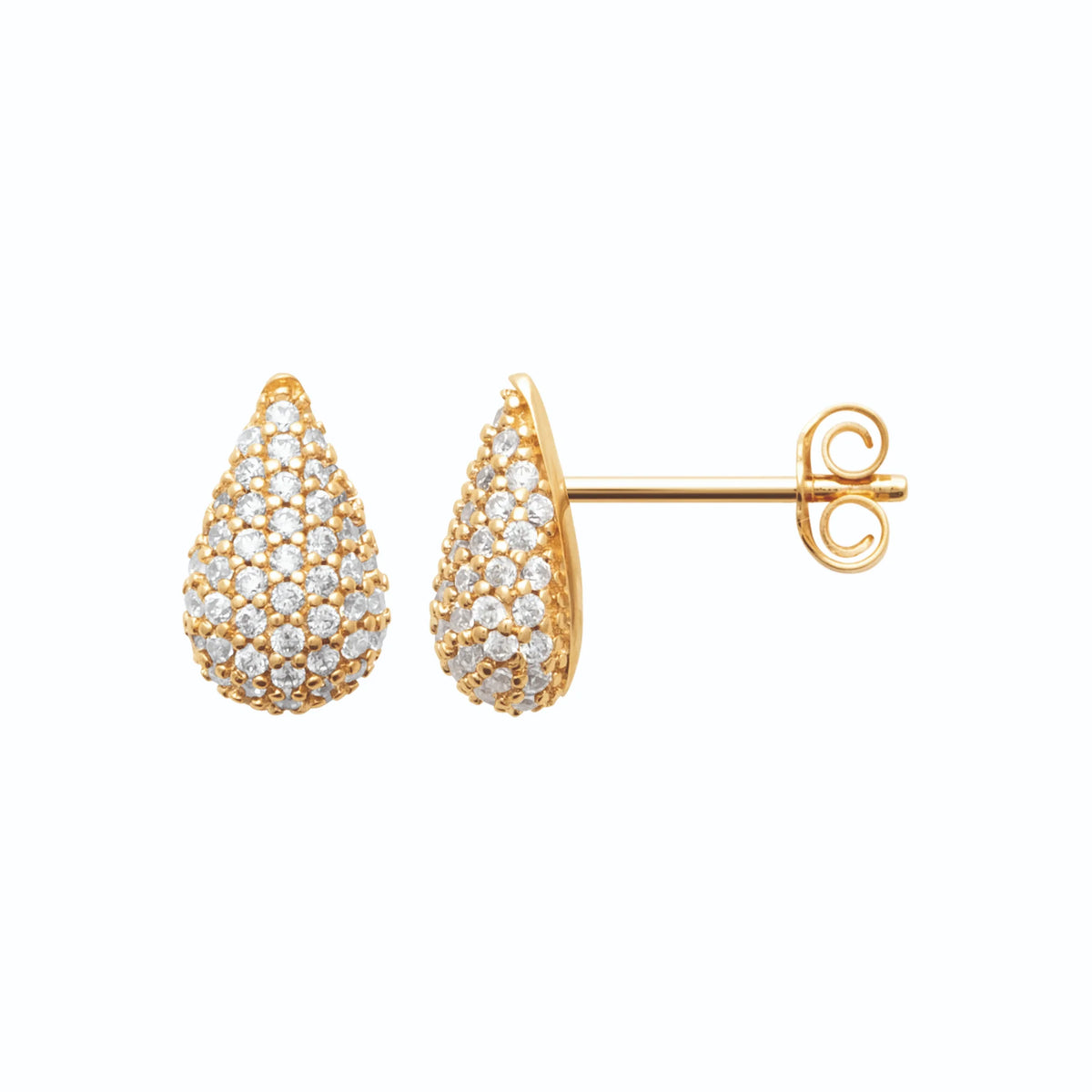 Boucles d’oreilles puces gouttes bombées pavées de zircons en plaqué or
