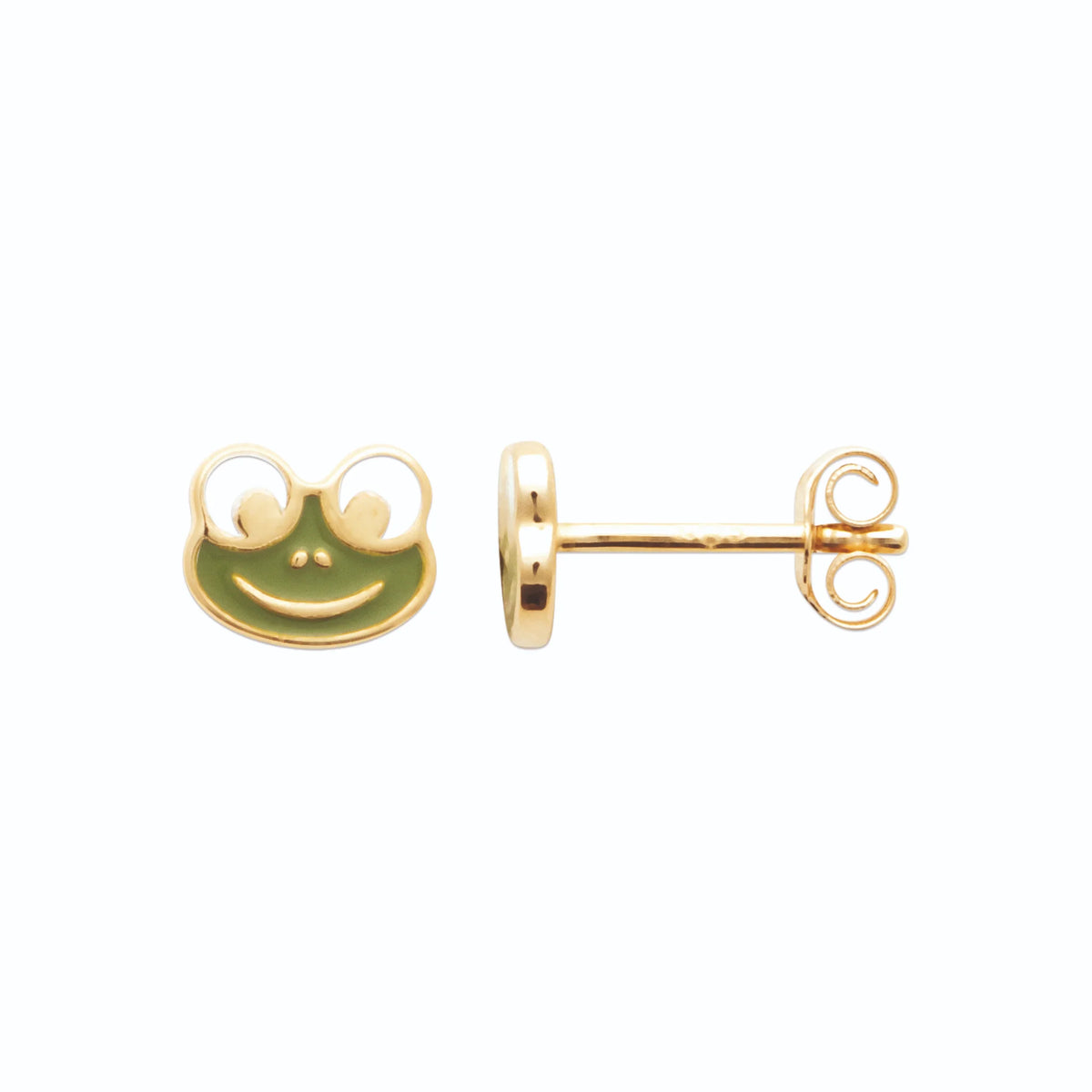 Boucles d’oreilles puces grenouille verte enfant en plaqué or
