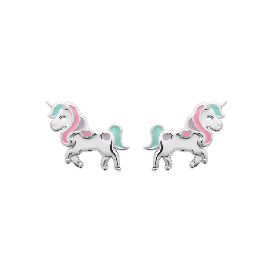 Boucles d’oreilles puces licorne enfant en argent 925 rhodié, vue de face