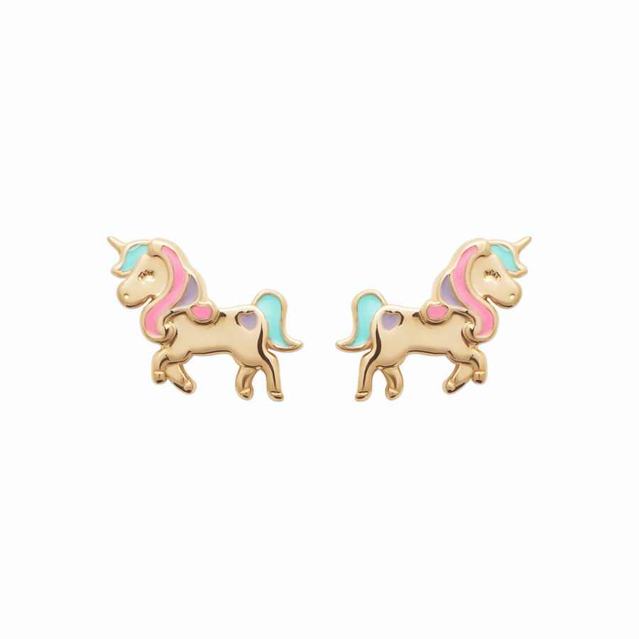 Boucles d’oreilles puces licorne enfant en plaqué or, vue de face