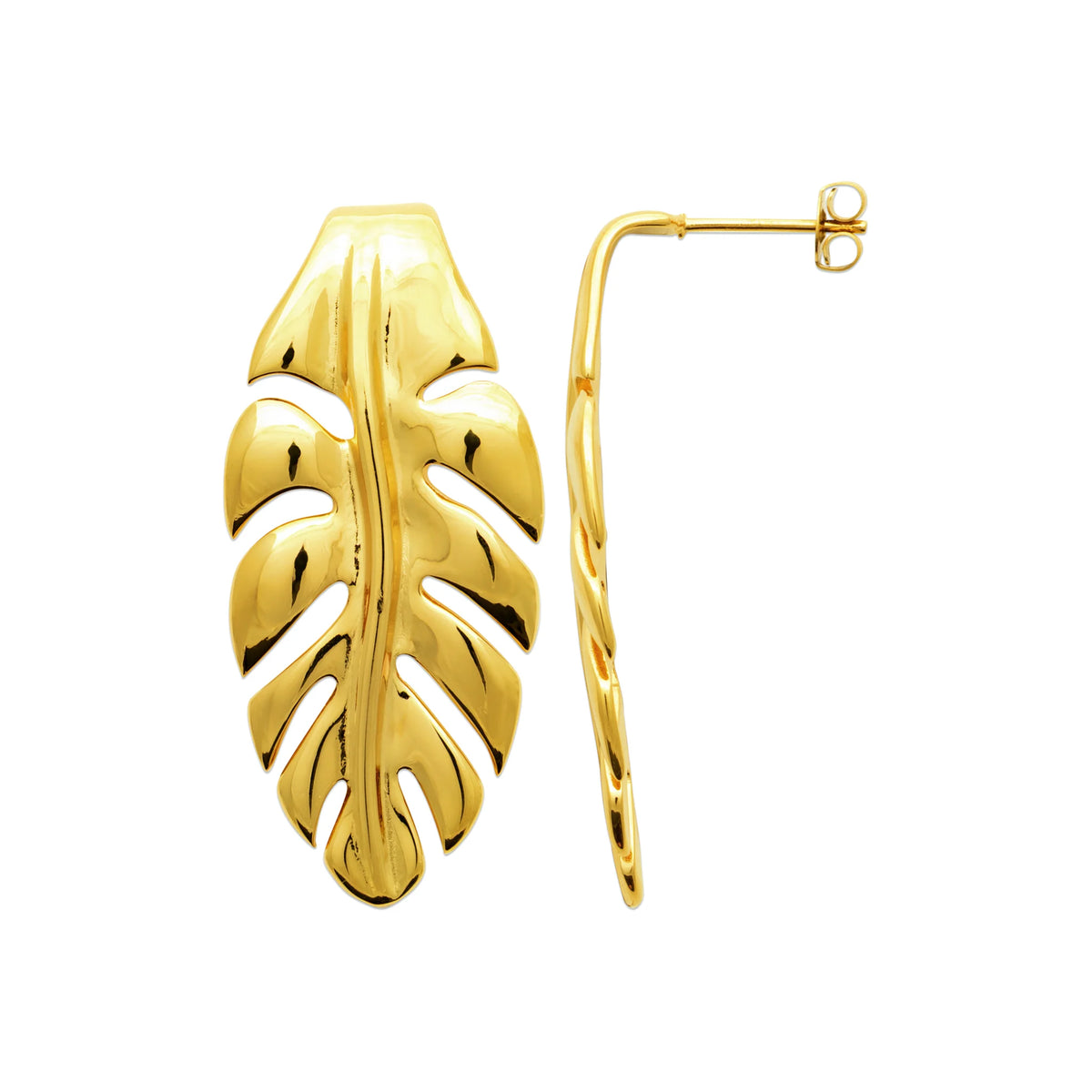 Boucles d’oreilles puces longue feuille nervurée en acier PVD doré
