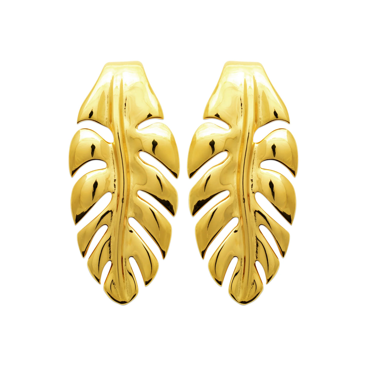 Boucles d’oreilles puces longue feuille nervurée en acier PVD doré