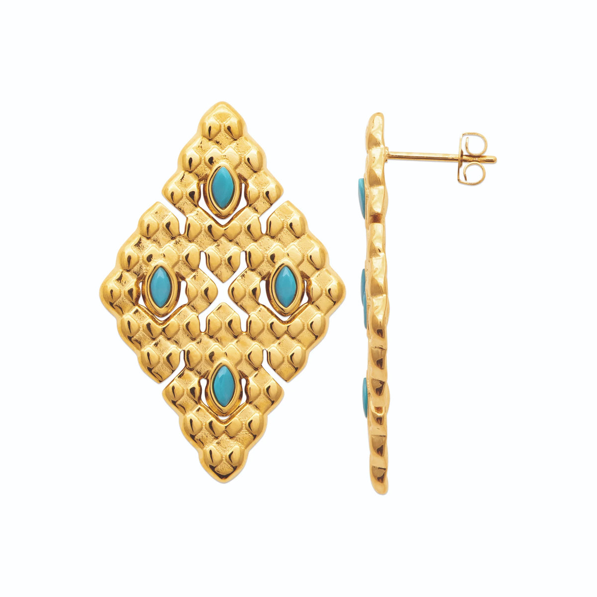 Boucles d’oreilles puces losange granité et pierres turquoise en acier PVD doré