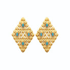 Boucles d’oreilles puces losange granité et pierres turquoise en acier PVD doré