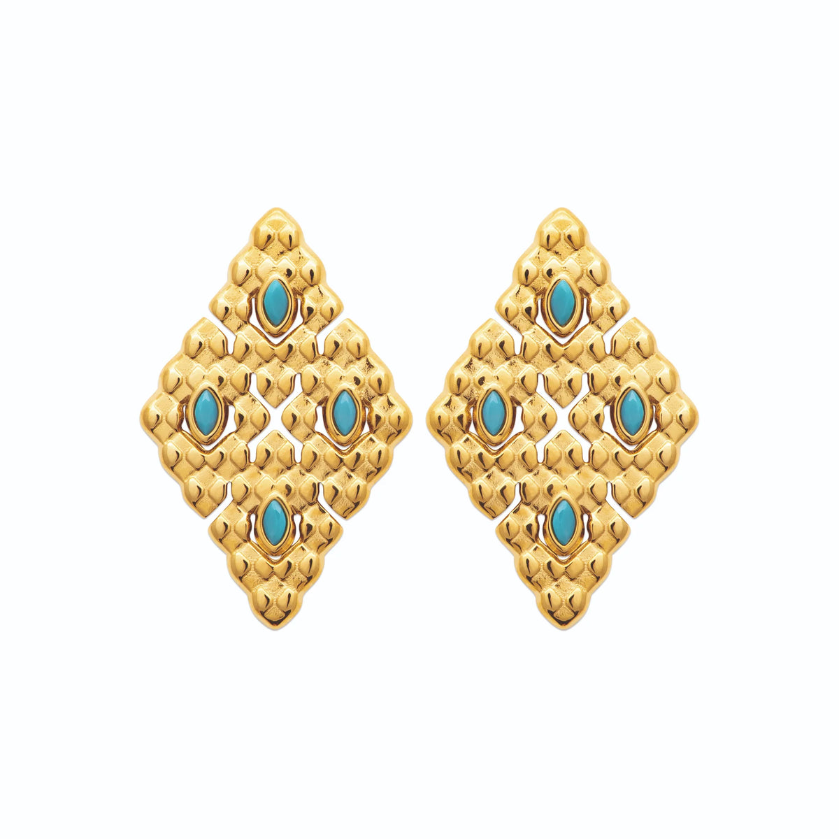Boucles d’oreilles puces losange granité et pierres turquoise en acier PVD doré
