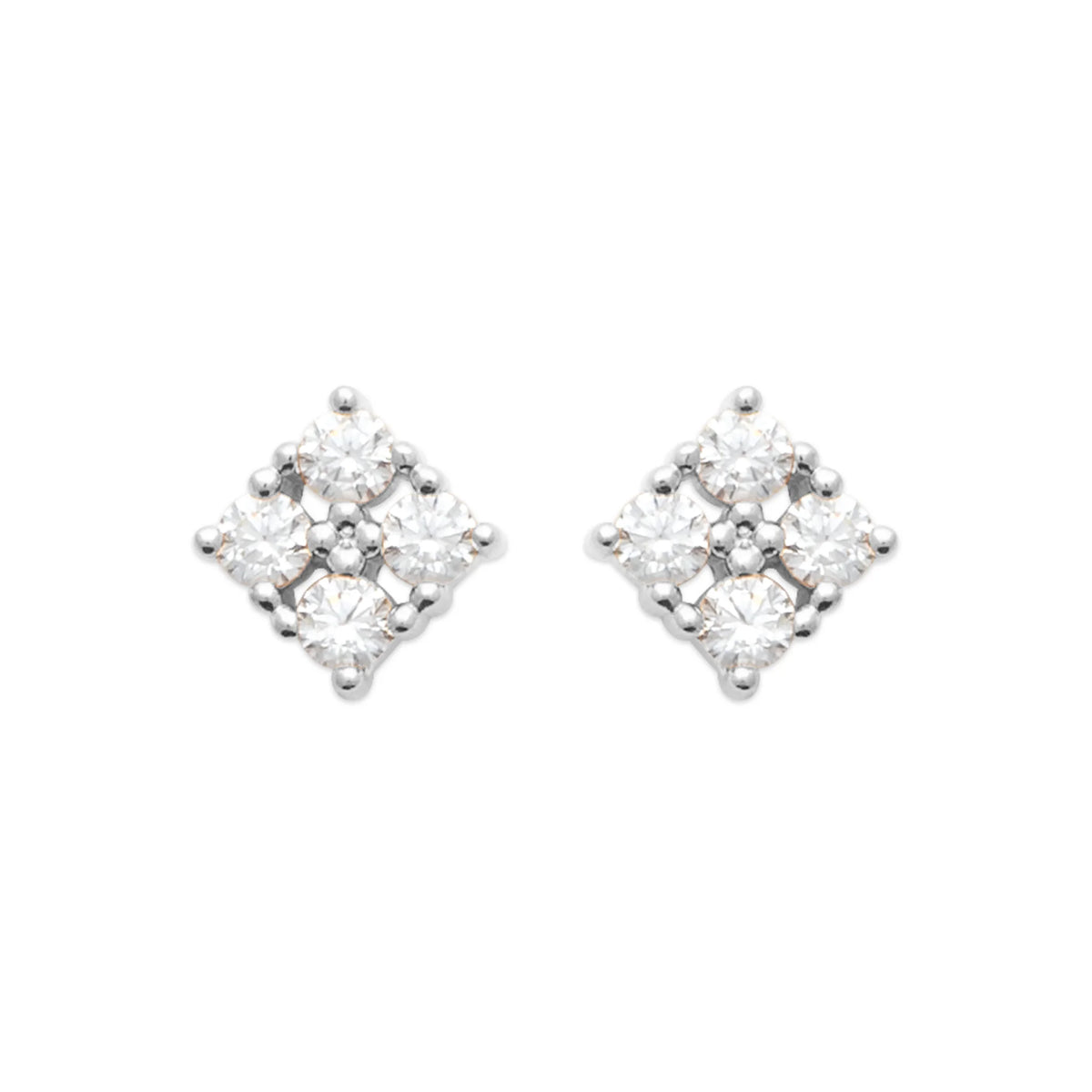 Boucles d’oreilles puces losange de zircons en argent 925, vue de face