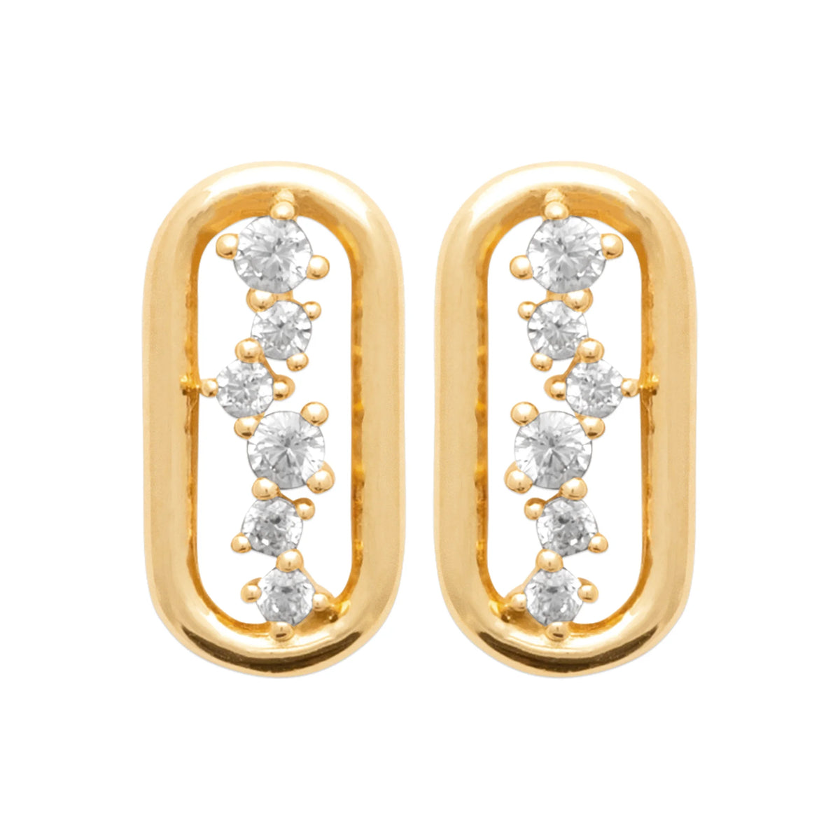 Boucles d’oreilles puces maillon ovale serti de zircons en plaqué or