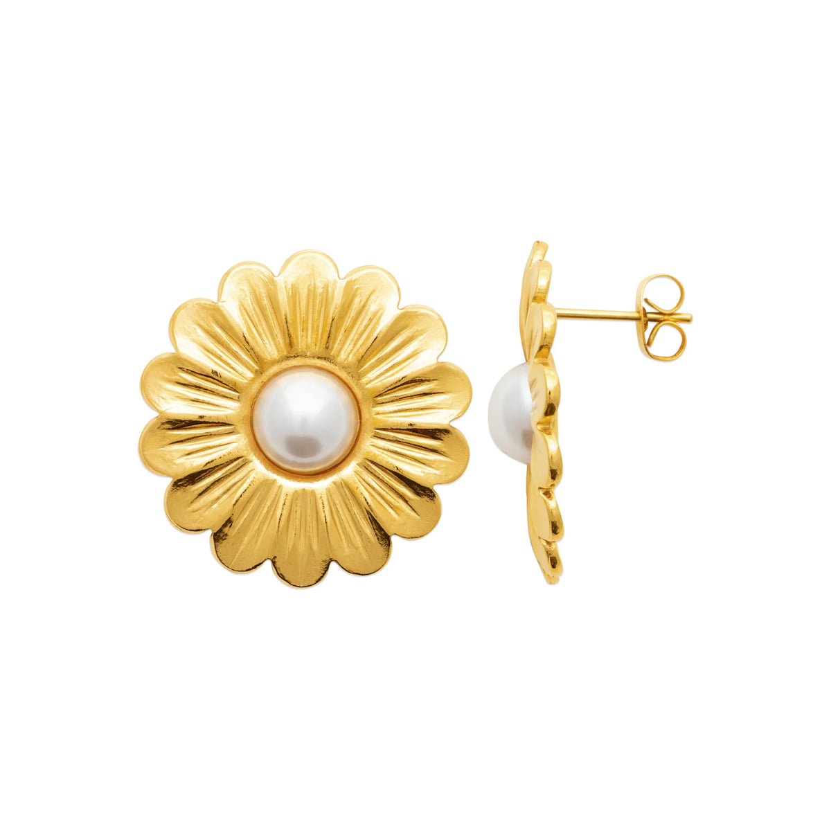 Boucles d’oreilles puces marguerite et perle d’imitation en acier PVD doré