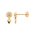 Boucles d’oreilles puces marguerite rose et cœur pendant en plaqué or