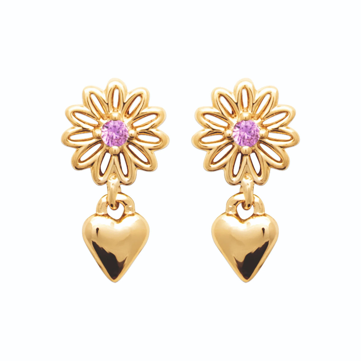 Boucles d’oreilles puces marguerite rose et cœur pendant en plaqué or