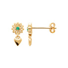 Boucles d’oreilles puces marguerite verte et cœur pendant en plaqué or