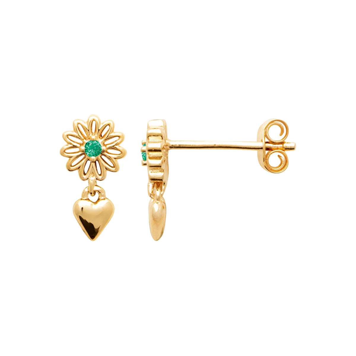 Boucles d’oreilles puces marguerite verte et cœur pendant en plaqué or
