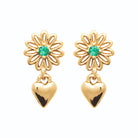 Boucles d’oreilles puces marguerite verte et cœur pendant en plaqué or