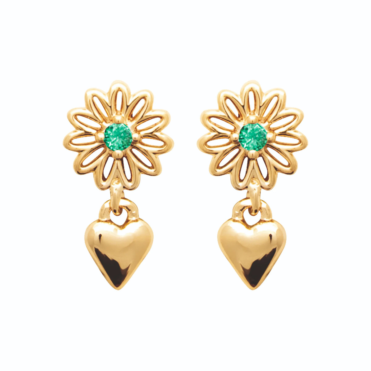 Boucles d’oreilles puces marguerite verte et cœur pendant en plaqué or