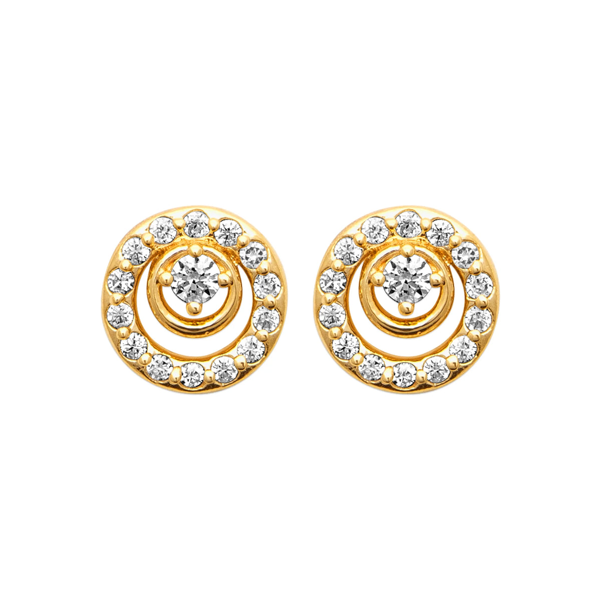 Boucles d’oreilles puces médaillon double cercle pavé de zircons en plaqué or