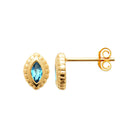Boucles d’oreilles puces navette bleue dans un écrin perlé en plaqué or