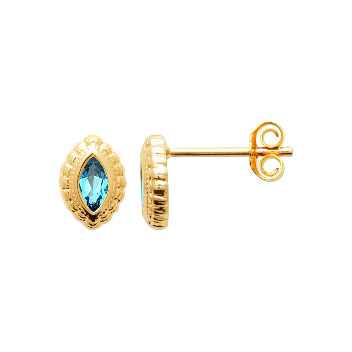 Boucles d’oreilles puces navette bleue dans un écrin perlé en plaqué or