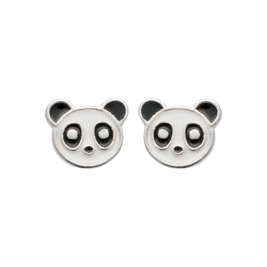 Boucles d’oreilles puces panda enfant en argent 925 rhodié, vue de face