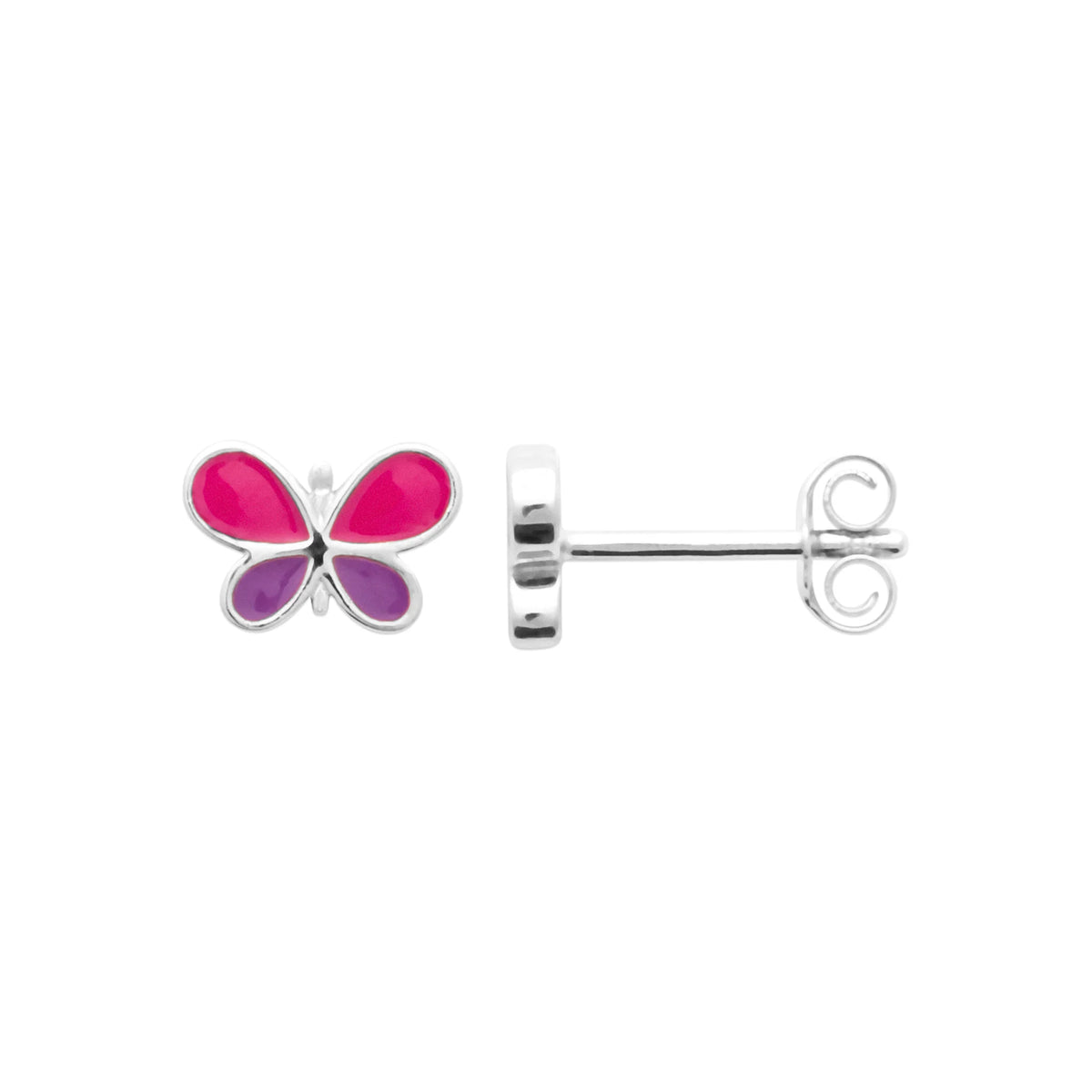 Boucles d’oreilles puces papillon rose et violet enfant en argent 925 rhodié