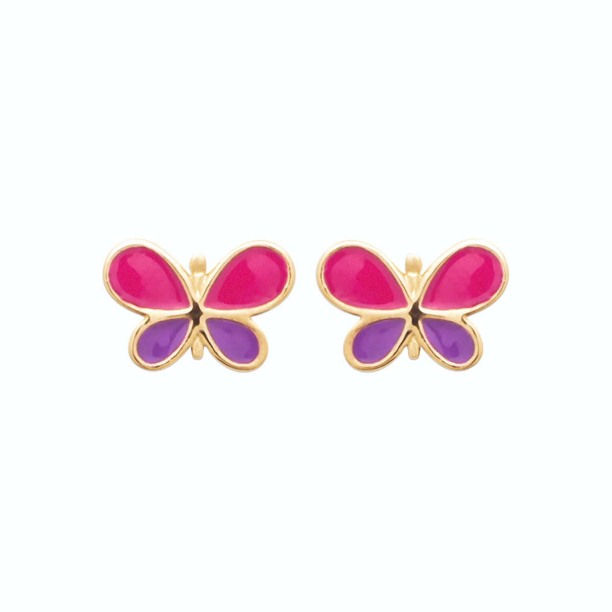 Boucles d’oreilles puces papillon rose et violet enfant en plaqué or
