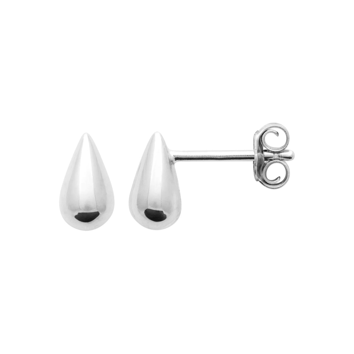 Boucles d’oreilles puces petite goutte bombée en argent 925 rhodié, autre angle de vue