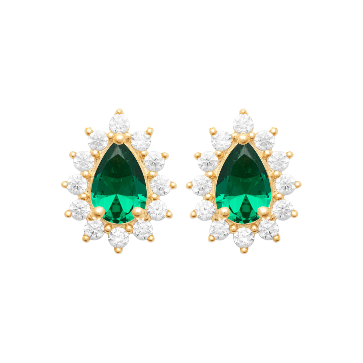 Boucles d’oreilles puces pierre verte taille poire et halo de zircons en plaqué or