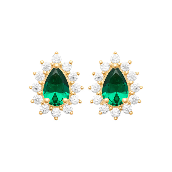 Boucles d’oreilles puces pierre verte taille poire et halo de zircons en plaqué or