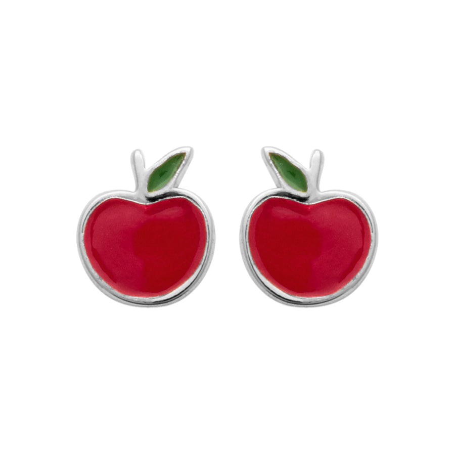 Boucles d’oreilles puces pomme rouge enfant en argent 925 rhodié, vue de face