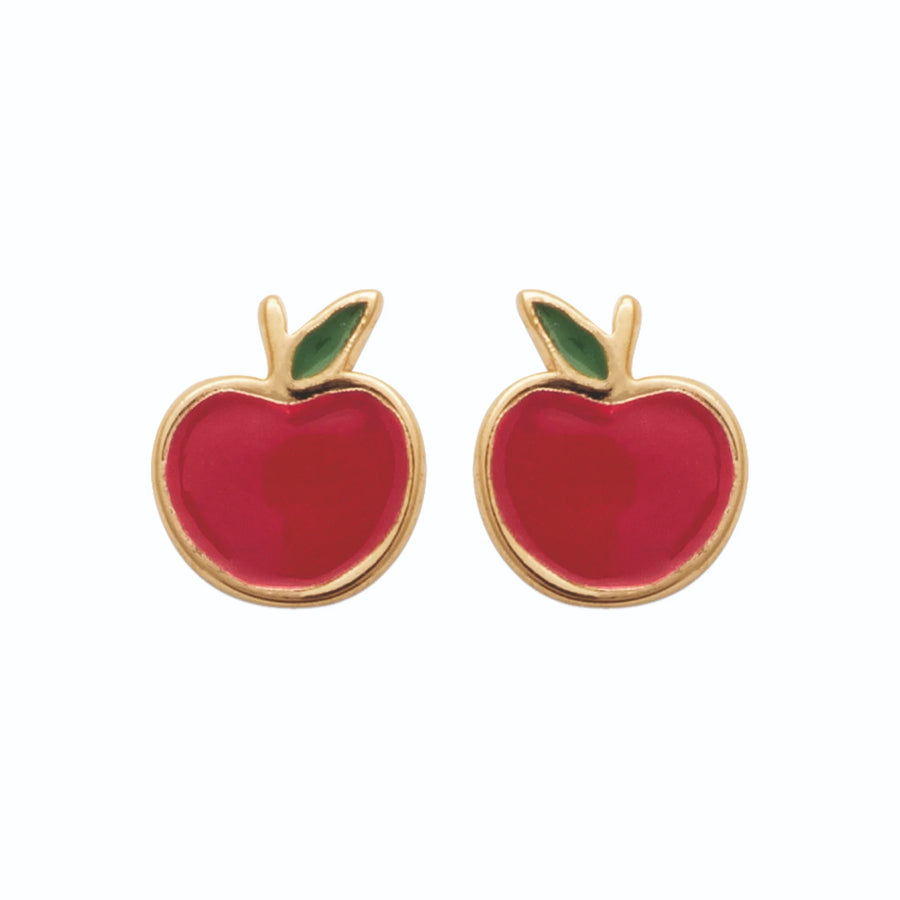 Boucles d’oreilles puces pomme rouge enfant en plaqué or, vue de face