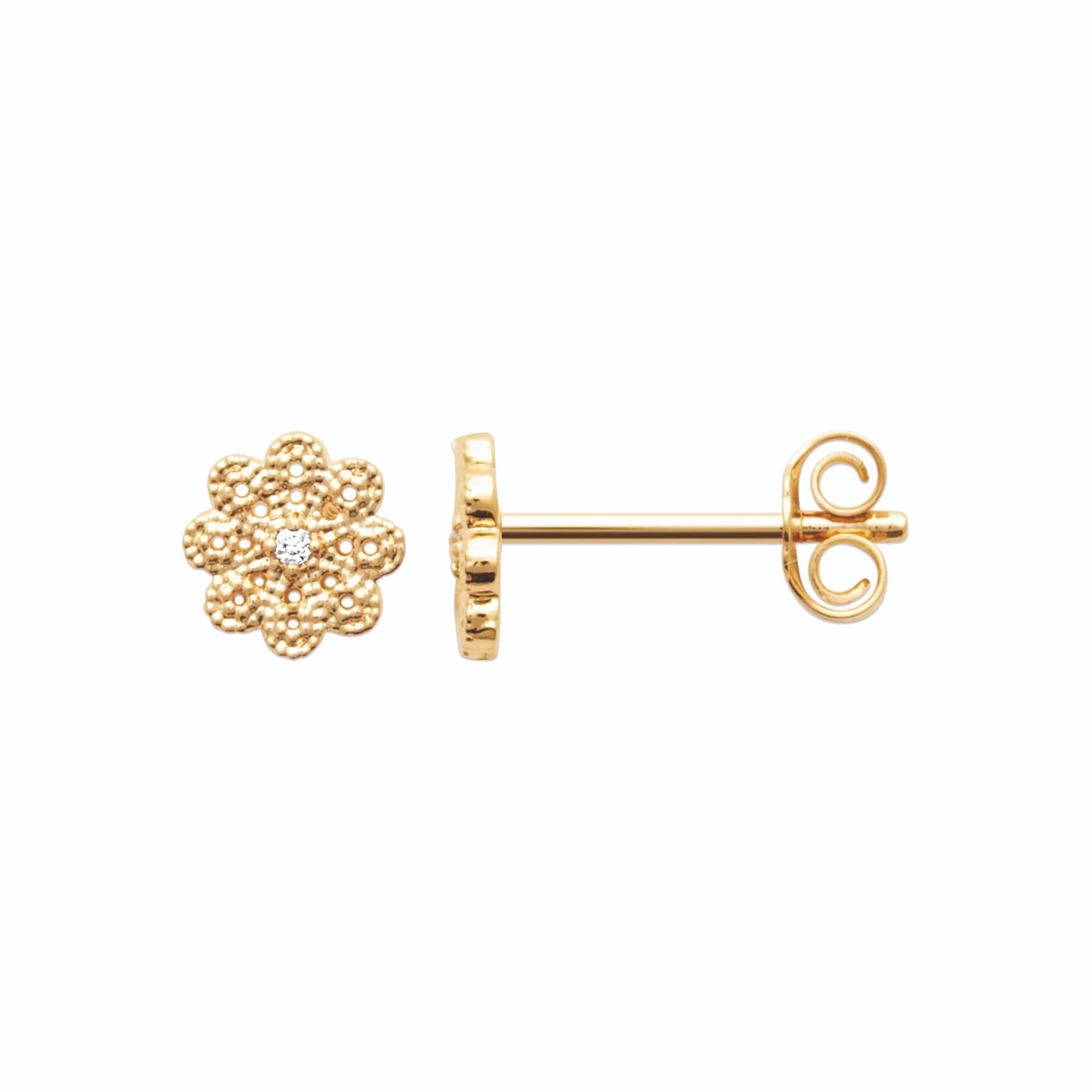 Boucles d’oreilles puces rosace d’or granulée et zircon en plaqué or