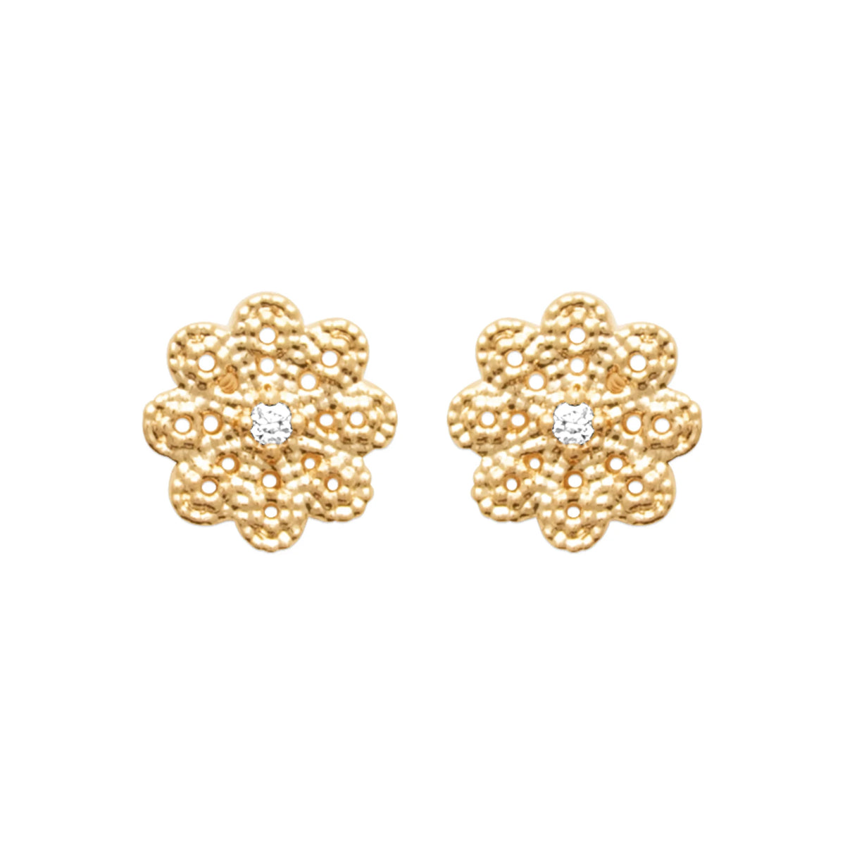 Boucles d’oreilles puces rosace d’or granulée et zircon en plaqué or