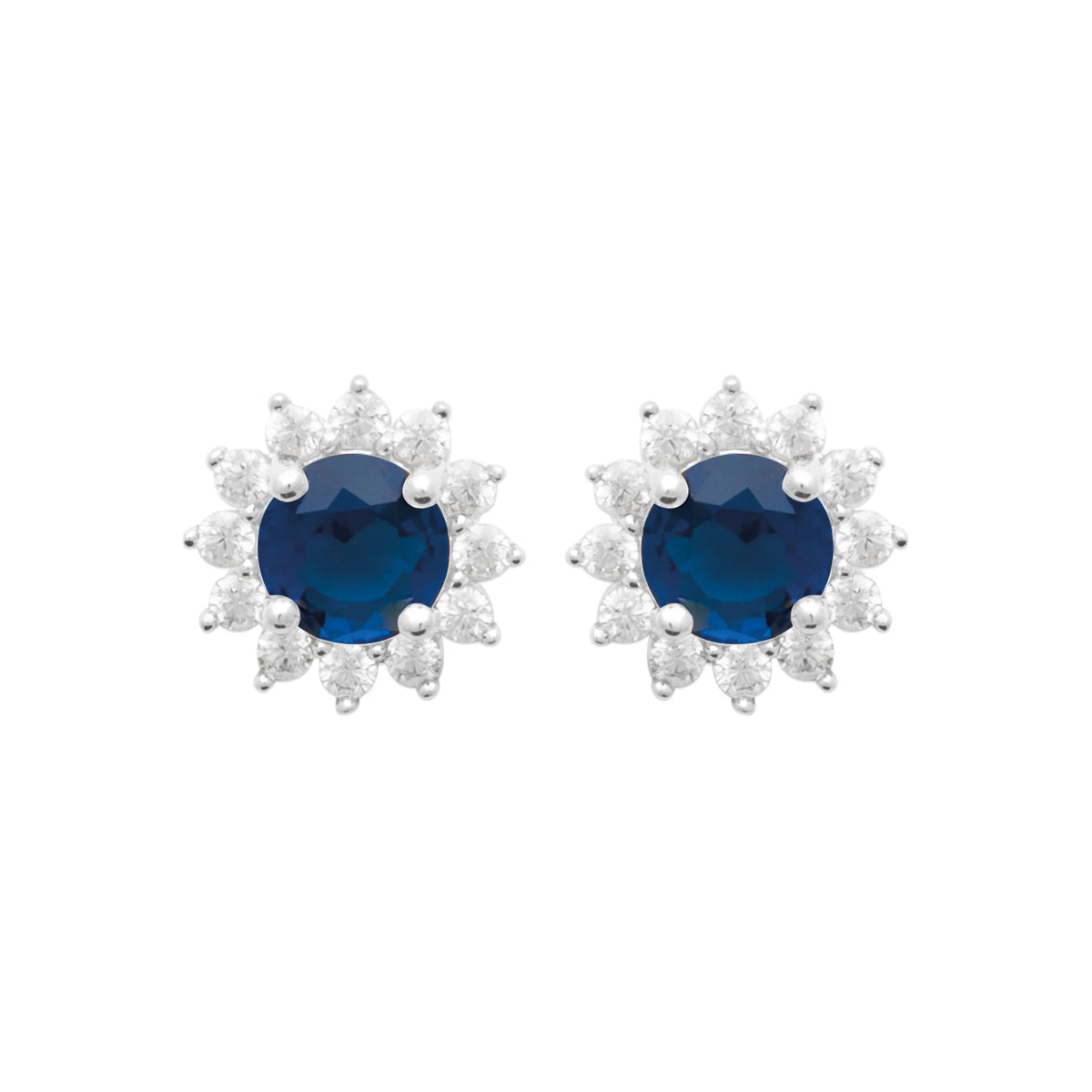 Boucles d’oreilles puces soleil pierre bleu nuit et zircons en argent 925, vue de face