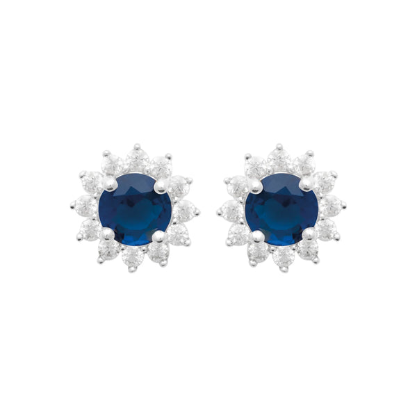 Boucles d’oreilles puces soleil pierre bleu nuit et zircons en argent 925, vue de face