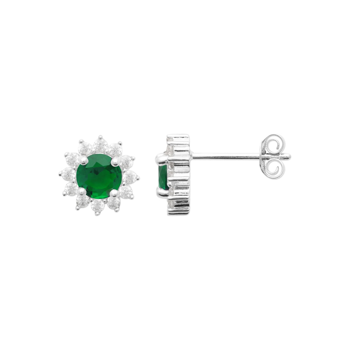 Boucles d’oreilles puces soleil pierre verte et zircons en argent 925, vue de profil
