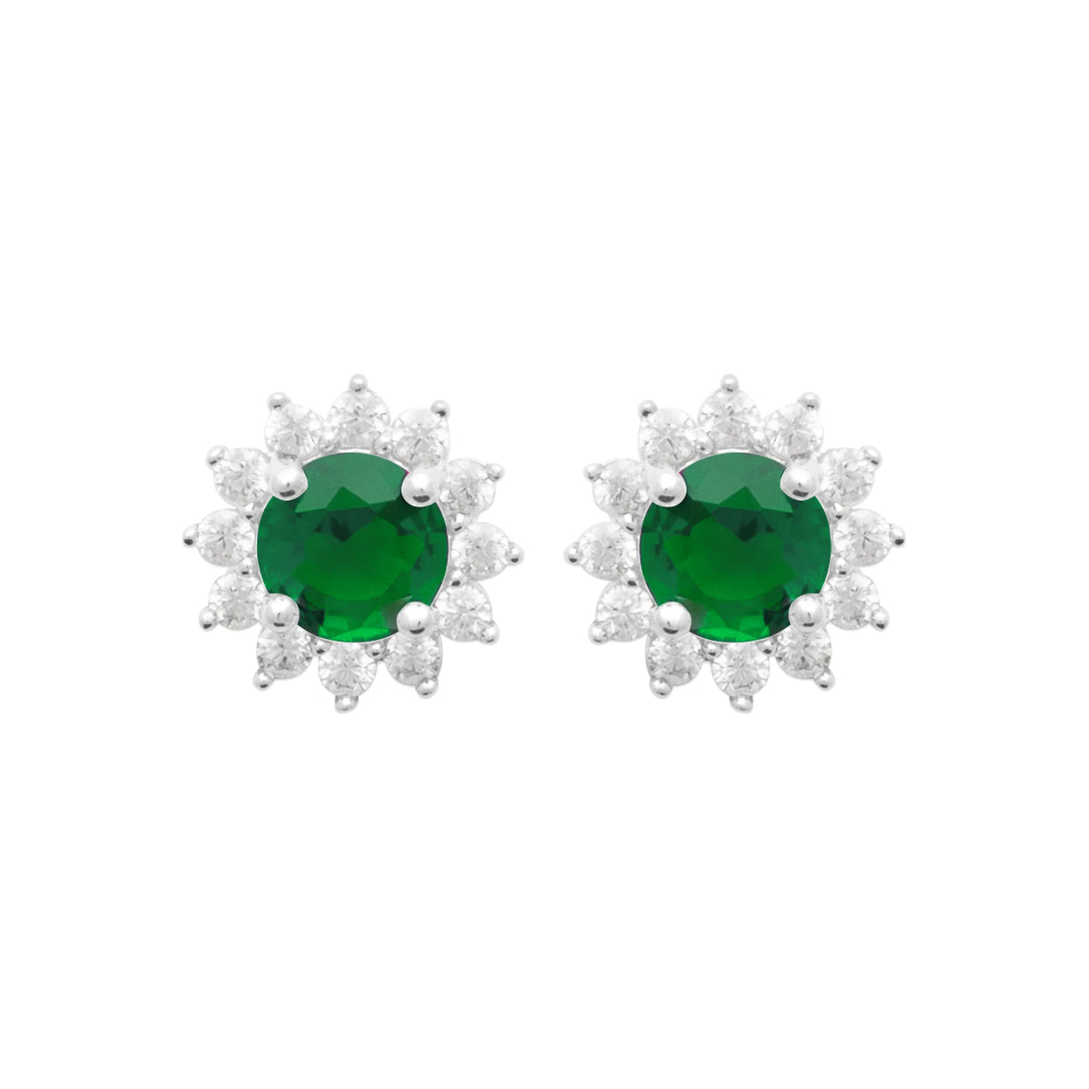 Boucles d’oreilles puces soleil pierre verte et zircons en argent 925, vue de face