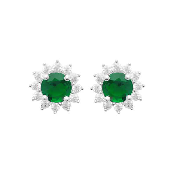 Boucles d’oreilles puces soleil pierre verte et zircons en argent 925, vue de face