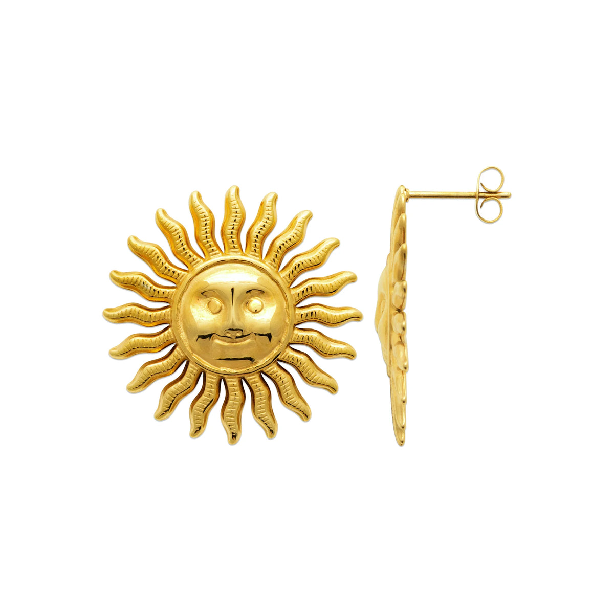 Boucles d’oreilles puces soleil à visage ciselé en acier PVD doré