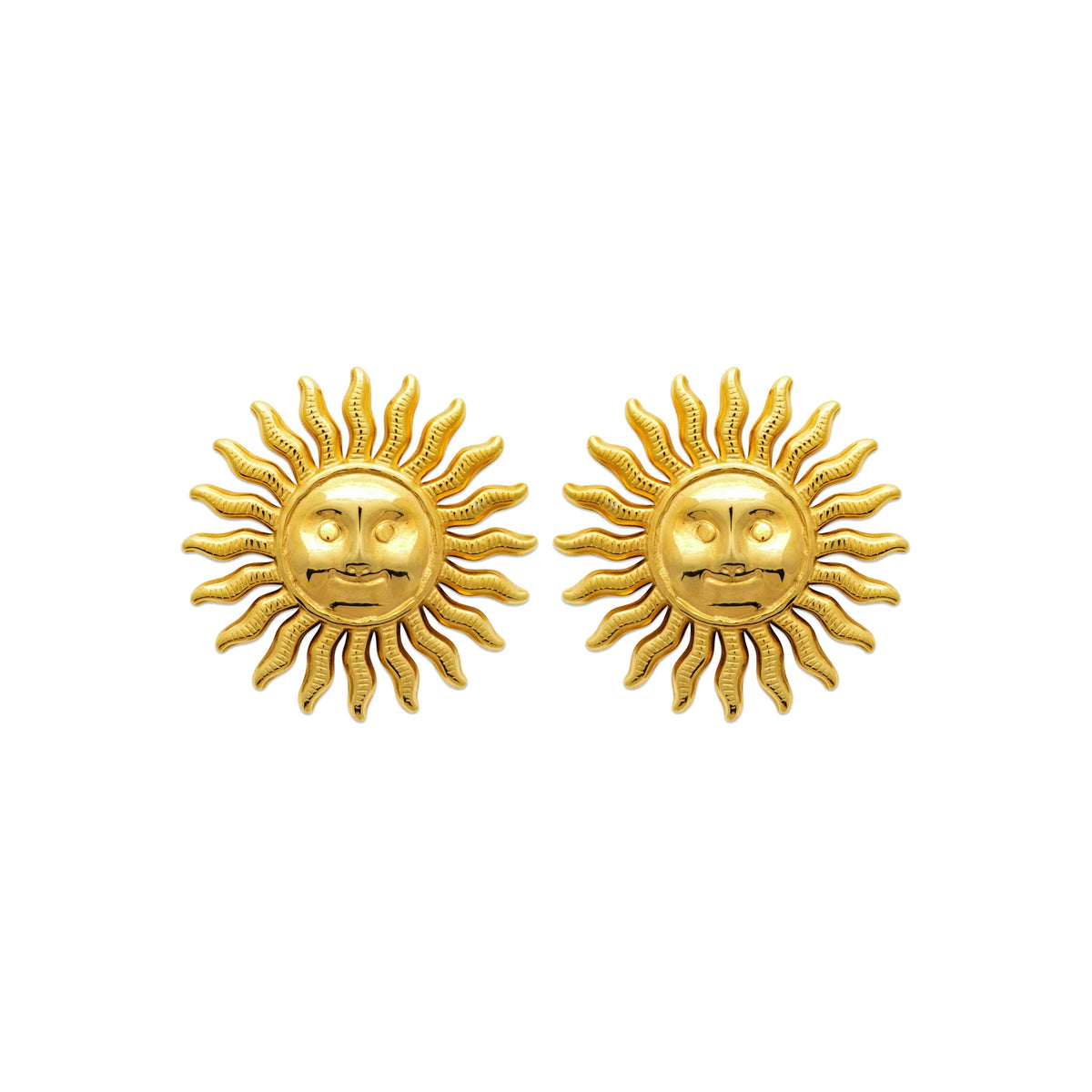 Boucles d’oreilles puces soleil à visage ciselé en acier PVD doré