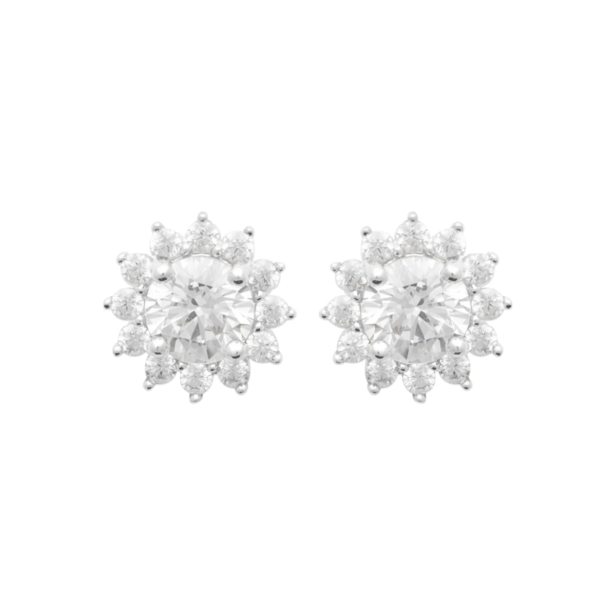 Boucles d’oreilles puces soleil de zircons en argent 925, vue de face