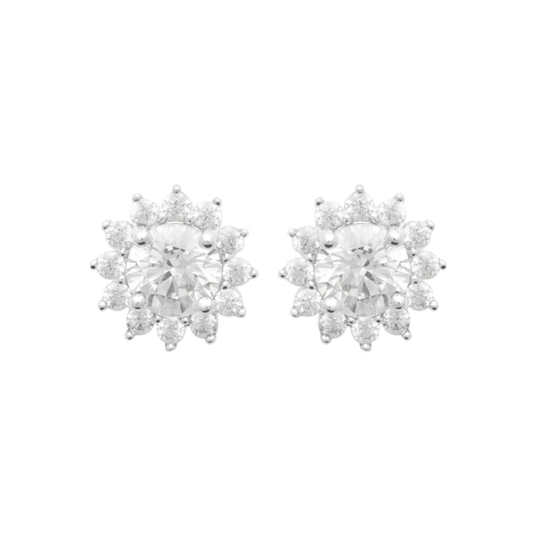 Boucles d’oreilles puces soleil de zircons en argent 925, vue de face