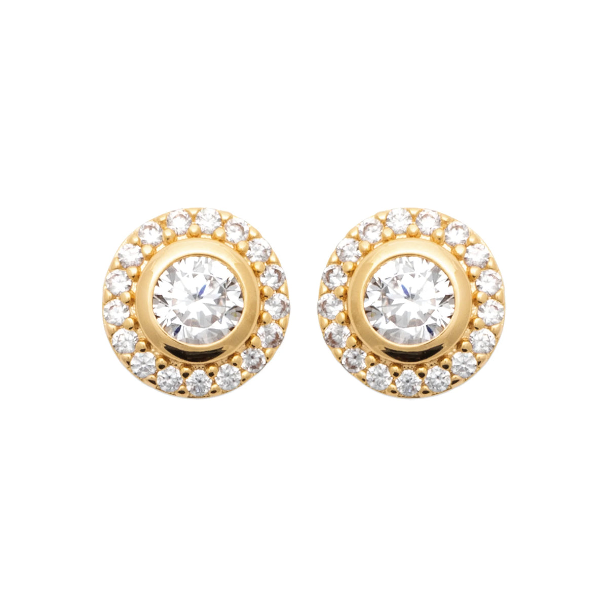 Boucles d’oreilles puces solitaire entouré d’un halo de zircons en plaqué or
