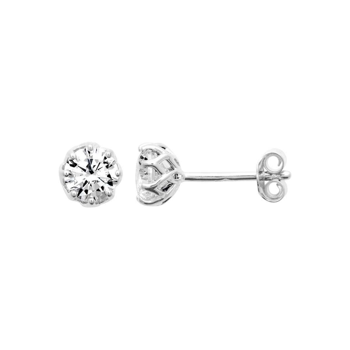 Boucles d’oreilles puces solitaire zircon en couronne festonnée en argent 925 rhodié