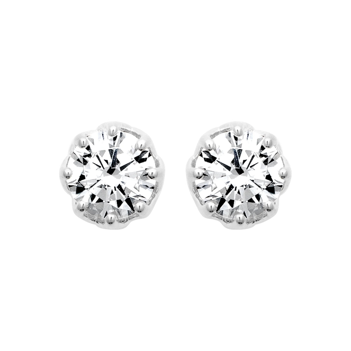 Boucles d’oreilles puces solitaire zircon en couronne festonnée en argent 925 rhodié
